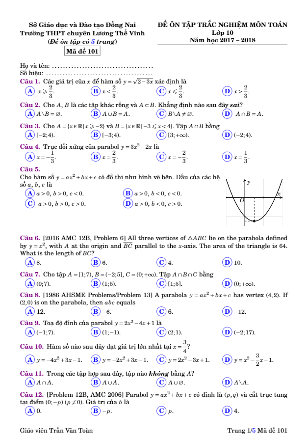 Đề ôn tập trắc nghiệm môn Toán trường THPT chuyên Lương Thế Vinh Đồng Nai