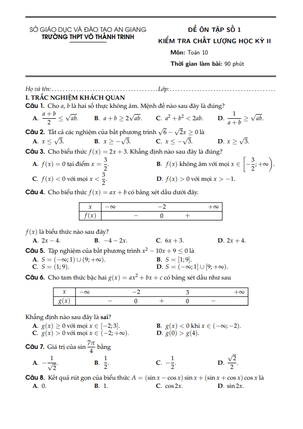 Đề ôn thi học kì 2 (HK2) lớp 10 môn Toán năm 2021 2022 trường THPT Võ Thành Trinh An Giang