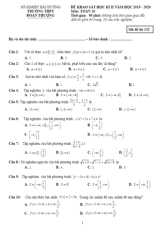 Đề sát hạch lớp 10 môn Toán lần 3 năm 2019 2020 trường THPT Đoàn Thượng Hải Dương