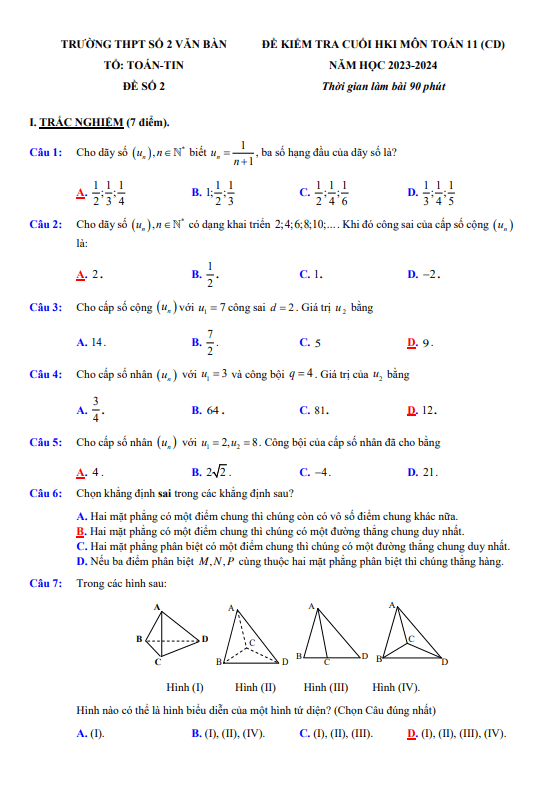 Đề tham khảo cuối học kì 1 (HK1) lớp 11 môn Toán CD năm 2023 2024 trường THPT Văn Bàn 2 Lào Cai