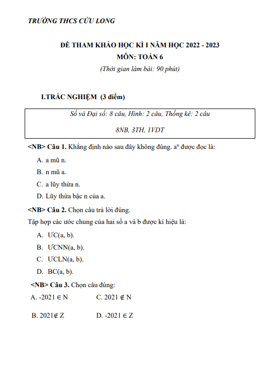 Đề tham khảo cuối học kì 1 (HK1) lớp 6 môn Toán năm 2022 2023 trường THCS Cửu Long TP HCM