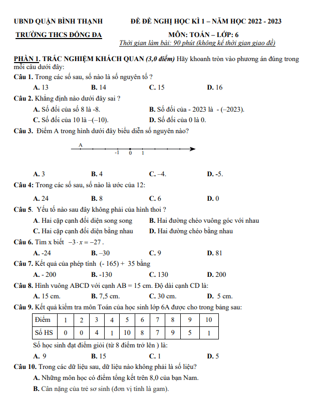Đề tham khảo cuối học kì 1 (HK1) lớp 6 môn Toán năm 2022 2023 trường THCS Đống Đa TP HCM