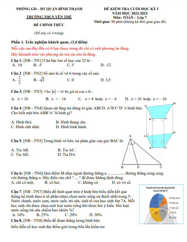 Đề tham khảo cuối học kì 1 (HK1) lớp 7 môn Toán năm 2022 2023 trường THCS Yên Thế TP HCM
