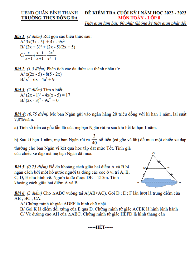 Đề tham khảo cuối học kì 1 (HK1) lớp 8 môn Toán năm 2022 2023 trường THCS Đống Đa TP HCM