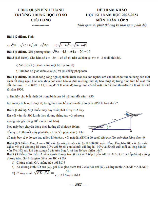 Đề tham khảo cuối học kì 1 (HK1) lớp 9 môn Toán năm 2022 2023 trường THCS Cửu Long TP HCM