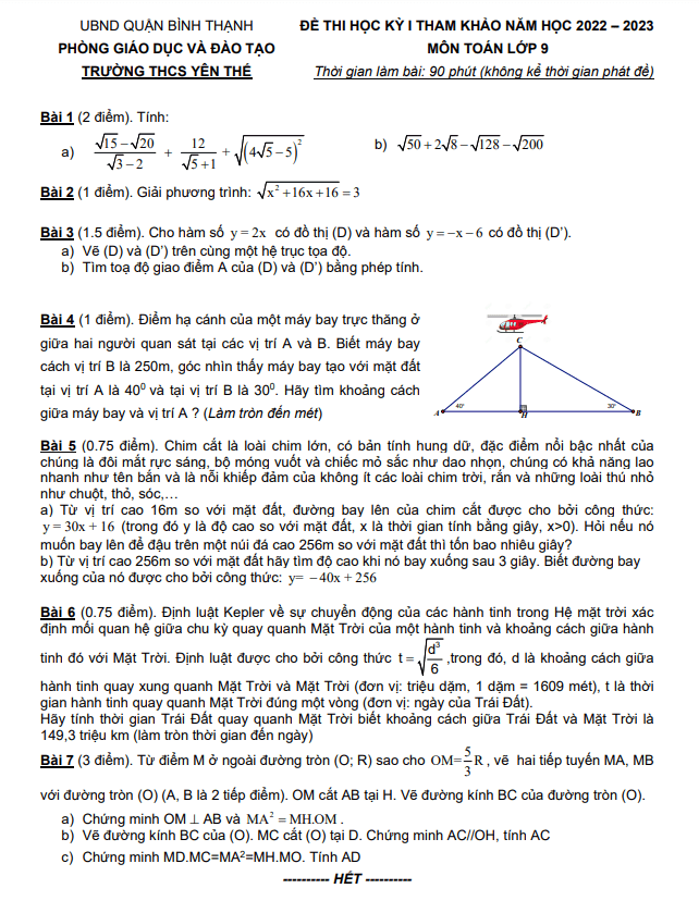 Đề tham khảo cuối học kì 1 (HK1) lớp 9 môn Toán năm 2022 2023 trường THCS Yên Thế TP HCM