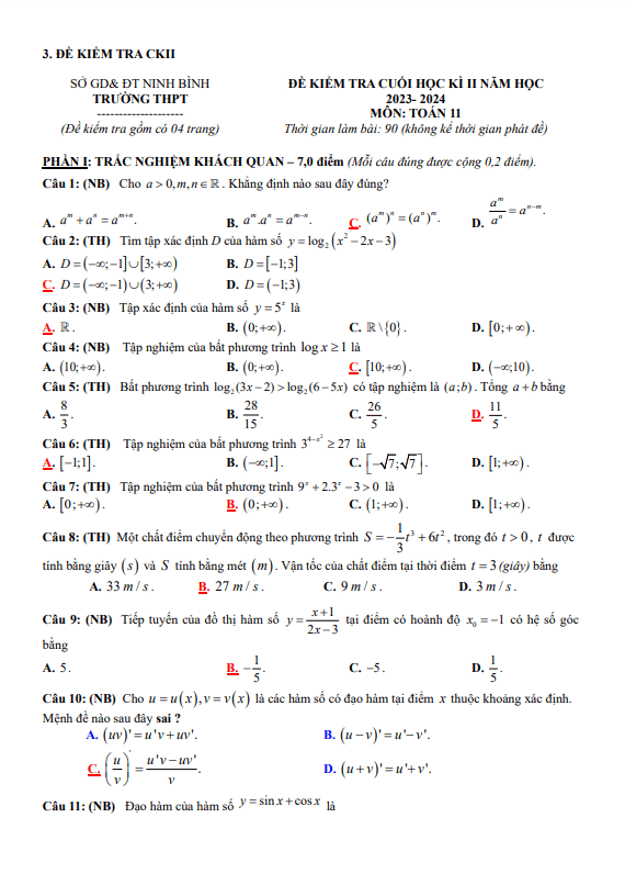 Đề tham khảo cuối học kì 2 (HK2) lớp 11 môn Toán Cánh Diều năm 2023 2024 sở GD ĐT Ninh Bình