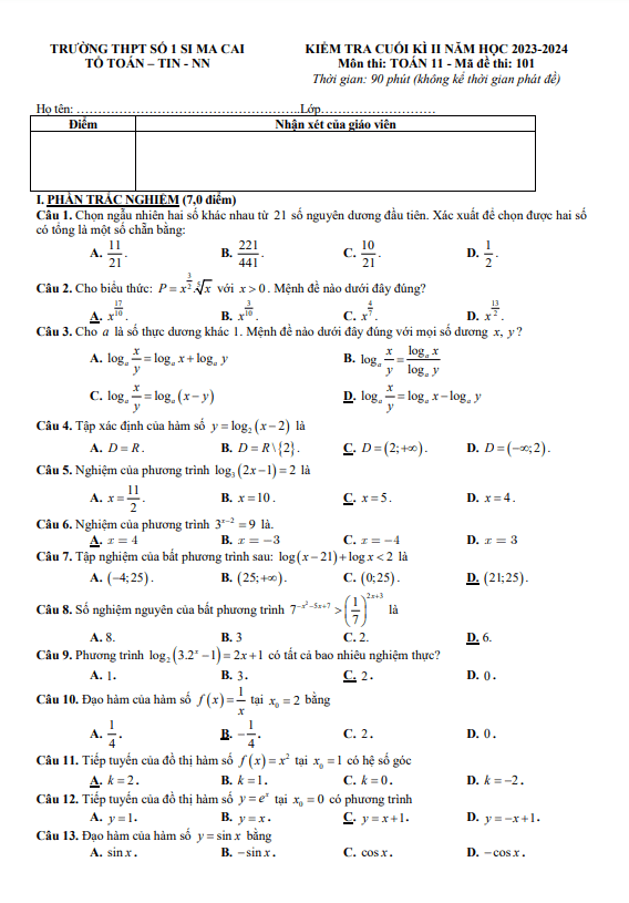Đề tham khảo cuối học kì 2 (HK2) lớp 11 môn Toán CD năm 2023 2024 trường THPT Si Ma Cai 1 Lào Cai