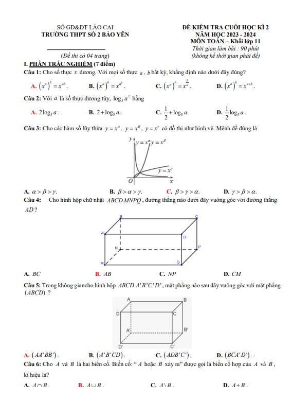 Đề tham khảo cuối học kì 2 (HK2) lớp 11 môn Toán KNTTVCS năm 2023 2024 THPT Bảo Yên 2 Lào Cai