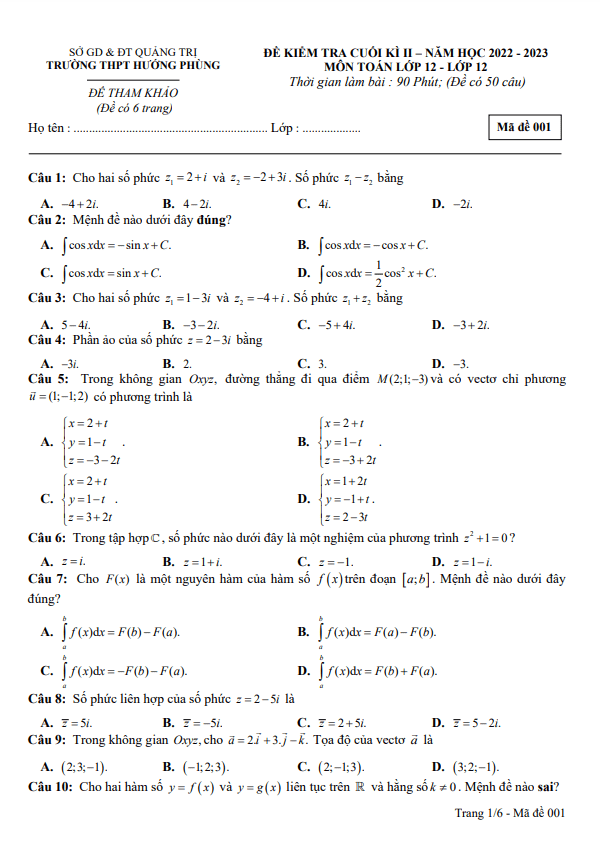 Đề tham khảo cuối học kì 2 (HK2) lớp 12 môn Toán năm 2022 2023 trường THPT Hướng Phùng Quảng Trị