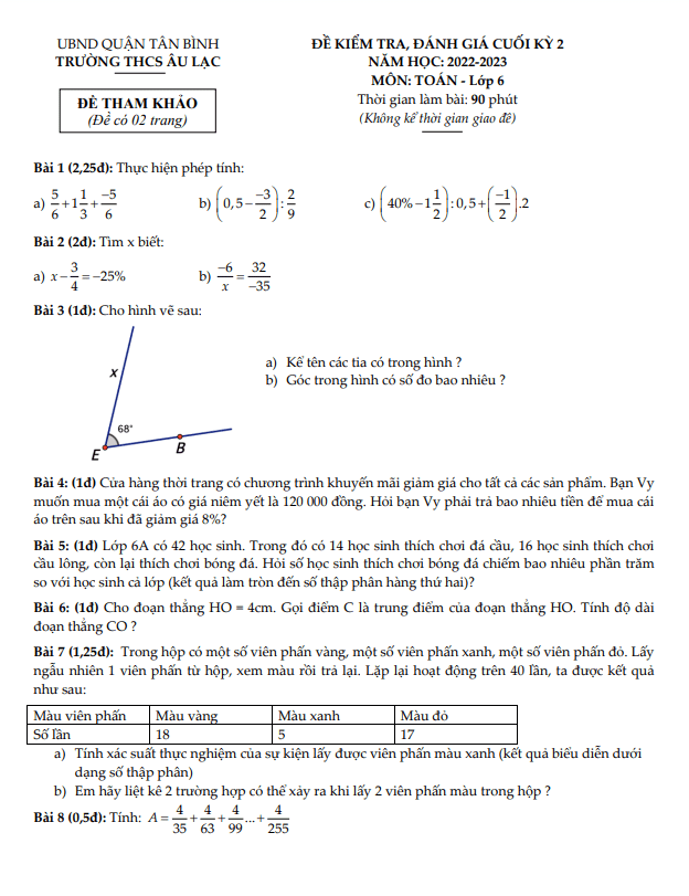 Đề tham khảo cuối học kì 2 (HK2) lớp 6 môn Toán năm 2022 2023 trường THCS Âu Lạc TP HCM