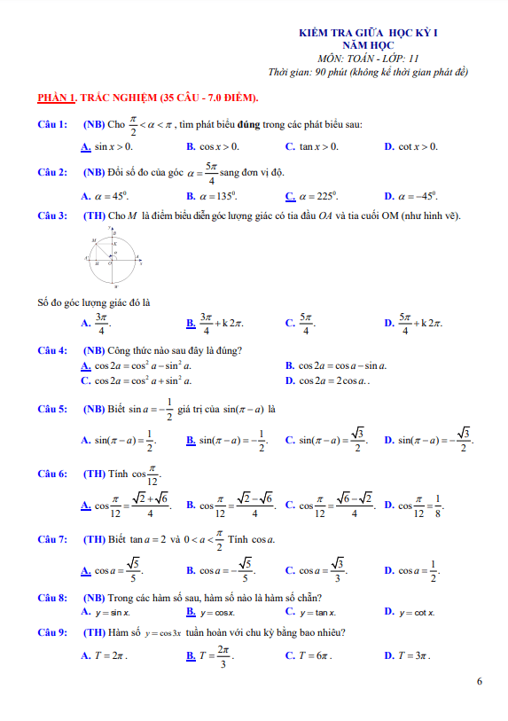 Đề tham khảo giữa học kì 1 (HK1) lớp 11 môn Toán Cánh Diều năm 2023 2024 sở GD ĐT Ninh Bình