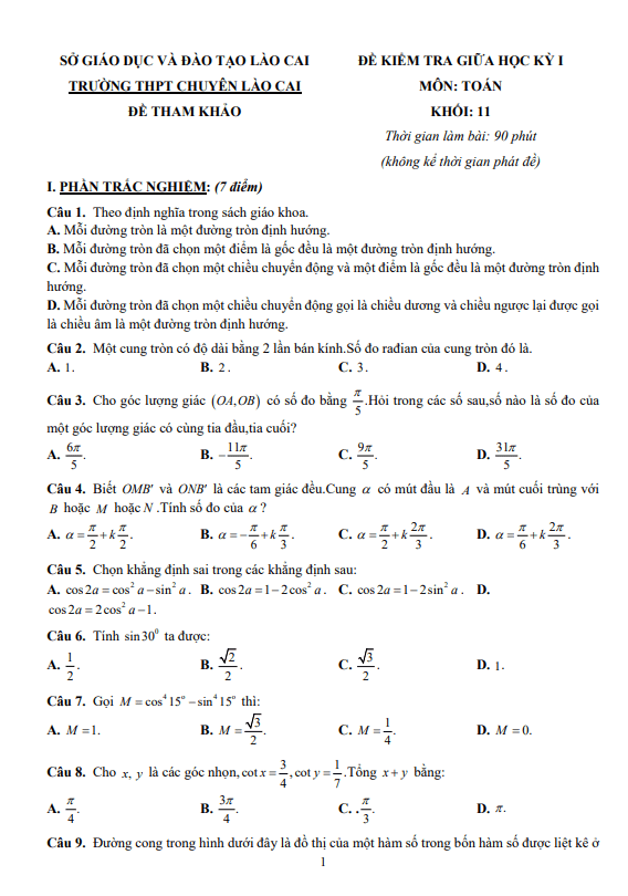 Đề tham khảo giữa học kì 1 (HK1) lớp 11 môn Toán CD năm 2023 2024 trường THPT chuyên Lào Cai