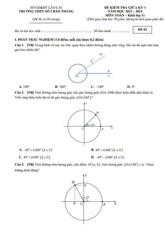 Đề tham khảo giữa học kì 1 (HK1) lớp 11 môn Toán CTST năm 2023 2024 trường THPT Bảo Thắng 2 Lào Cai