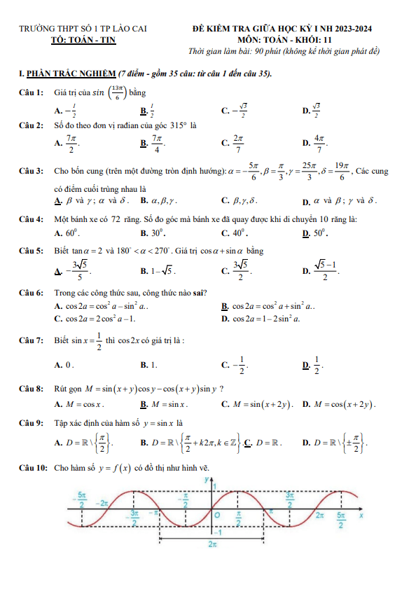 Đề tham khảo giữa học kì 1 (HK1) lớp 11 môn Toán KNTTVCS năm 2023 2024 THPT số 1 TP Lào Cai