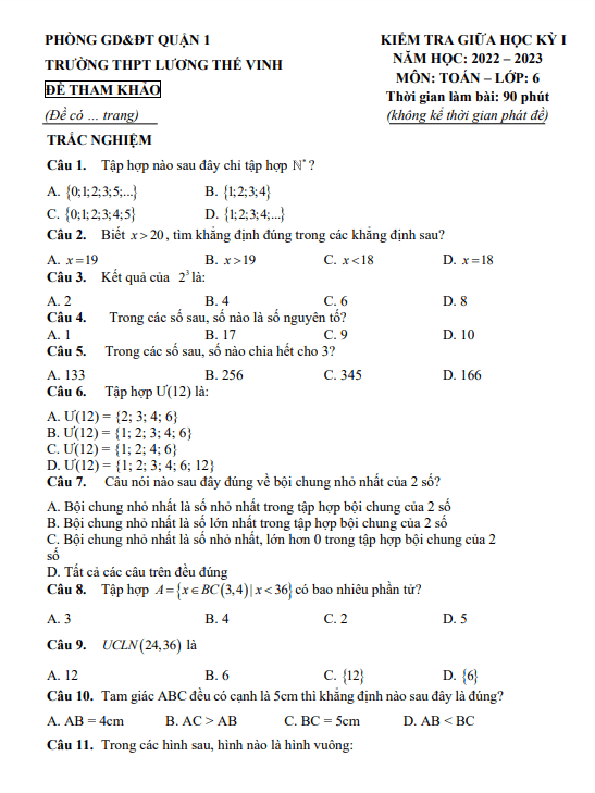 Đề tham khảo giữa học kì 1 (HK1) lớp 6 môn Toán năm 2022 2023 THCS Lương Thế Vinh TP HCM