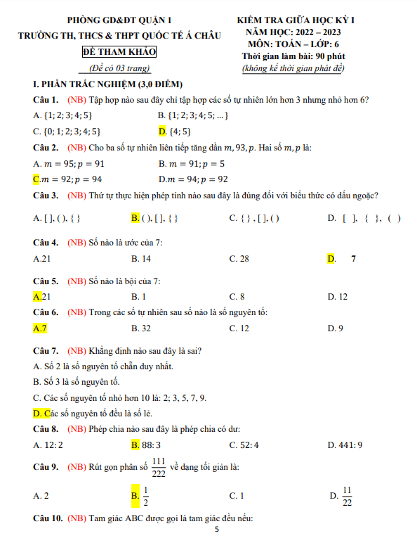 Đề tham khảo giữa học kì 1 (HK1) lớp 6 môn Toán năm 2022 2023 trường Quốc tế Á Châu TP HCM