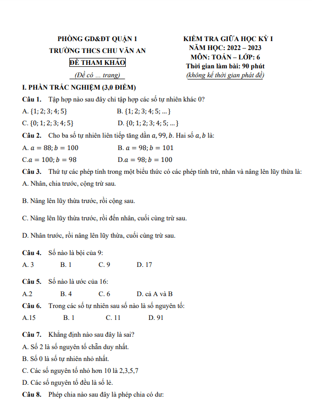 Đề tham khảo giữa học kì 1 (HK1) lớp 6 môn Toán năm 2022 2023 trường THCS Chu Văn An TP HCM