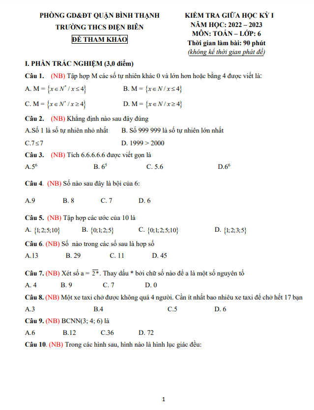 Đề tham khảo giữa học kì 1 (HK1) lớp 6 môn Toán năm 2022 2023 trường THCS Điện Biên TP HCM