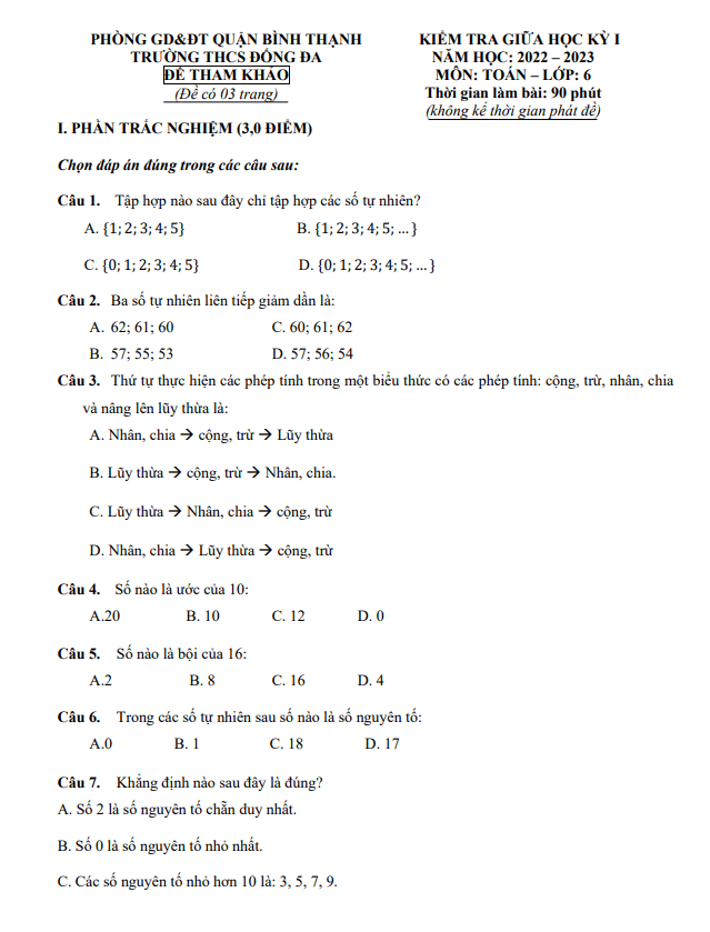 Đề tham khảo giữa học kì 1 (HK1) lớp 6 môn Toán năm 2022 2023 trường THCS Đống Đa TP HCM