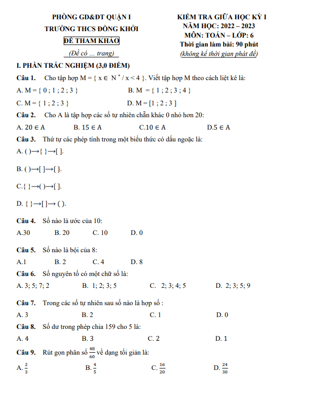 Đề tham khảo giữa học kì 1 (HK1) lớp 6 môn Toán năm 2022 2023 trường THCS Đồng Khởi TP HCM