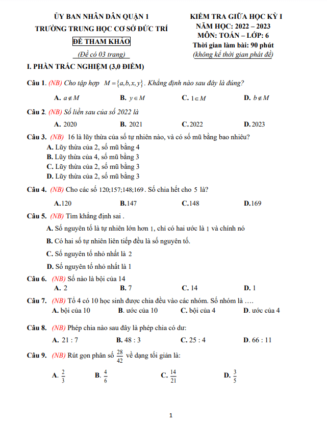 Đề tham khảo giữa học kì 1 (HK1) lớp 6 môn Toán năm 2022 2023 trường THCS Đức Trí TP HCM
