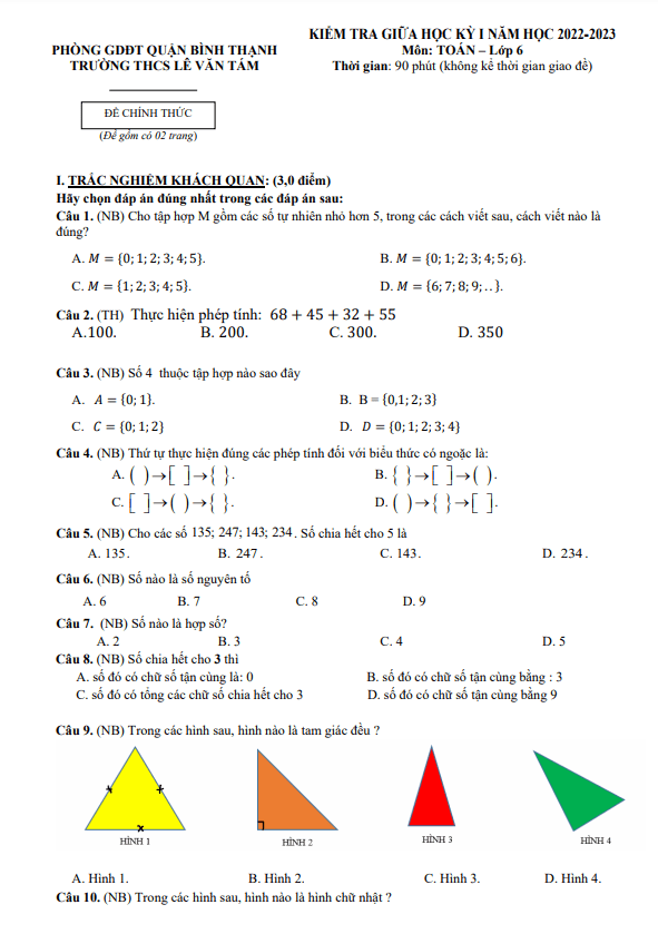 Đề tham khảo giữa học kì 1 (HK1) lớp 6 môn Toán năm 2022 2023 trường THCS Lê Văn Tám TP HCM