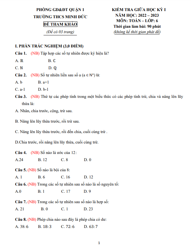 Đề tham khảo giữa học kì 1 (HK1) lớp 6 môn Toán năm 2022 2023 trường THCS Minh Đức TP HCM