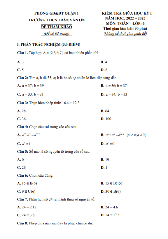 Đề tham khảo giữa học kì 1 (HK1) lớp 6 môn Toán năm 2022 2023 trường THCS Trần Văn Ơn TP HCM