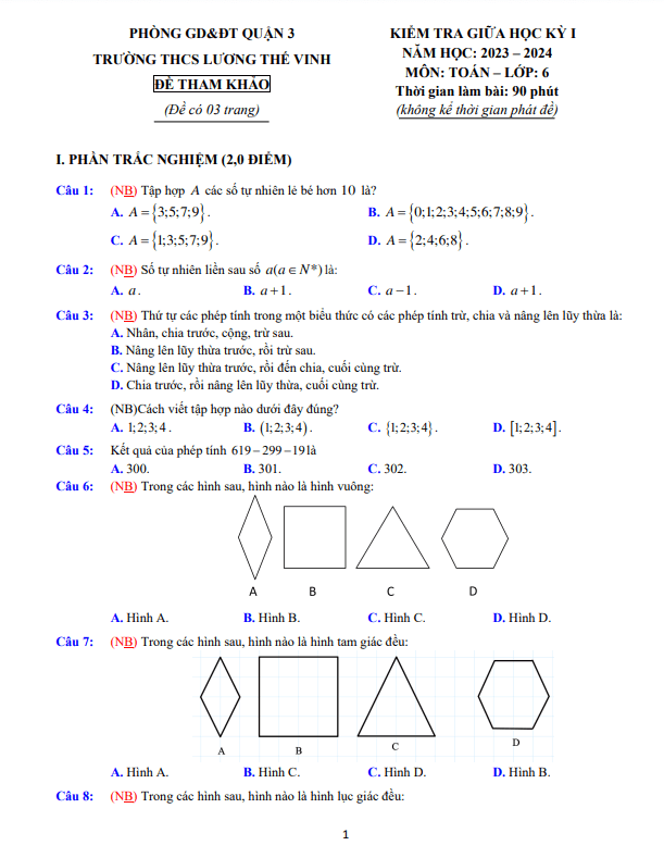 Đề tham khảo giữa học kì 1 (HK1) lớp 6 môn Toán năm 2023 2024 trường THCS Lương Thế Vinh TP HCM