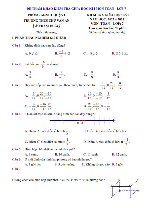 Đề tham khảo giữa học kì 1 (HK1) lớp 7 môn Toán năm 2022 2023 trường THCS Chu Văn An TP HCM