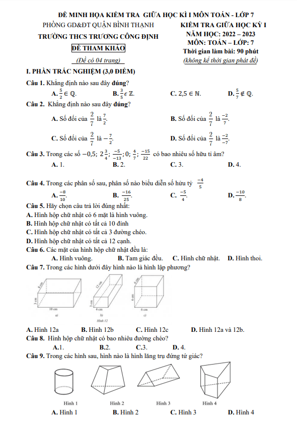 Đề tham khảo giữa học kì 1 (HK1) lớp 7 môn Toán năm 2022 2023 trường THCS Trương Công Định TP HCM