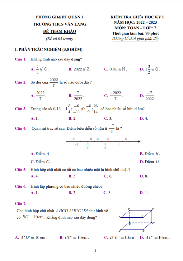 Đề tham khảo giữa học kì 1 (HK1) lớp 7 môn Toán năm 2022 2023 trường THCS Văn Lang TP HCM