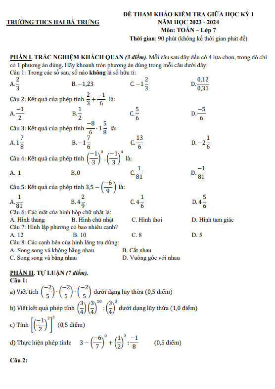 Đề tham khảo giữa học kì 1 (HK1) lớp 7 môn Toán năm 2023 2024 trường THCS Hai Bà Trưng TP HCM