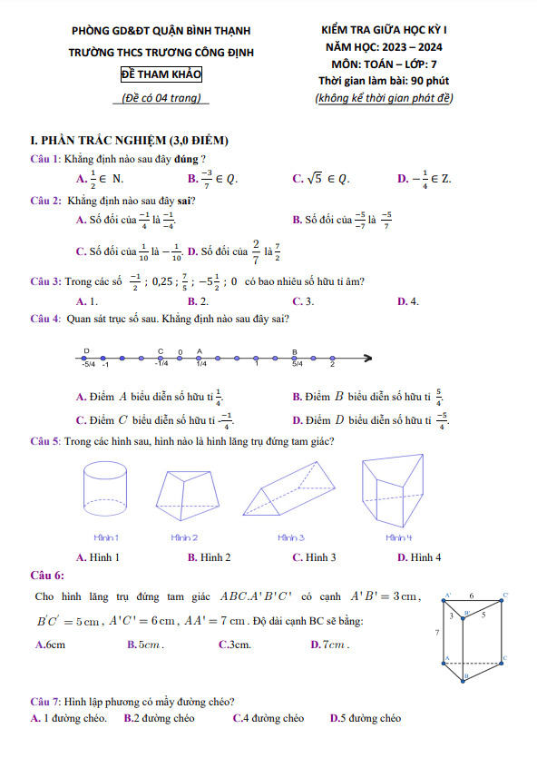 Đề tham khảo giữa học kì 1 (HK1) lớp 7 môn Toán năm 2023 2024 trường THCS Trương Công Định TP HCM
