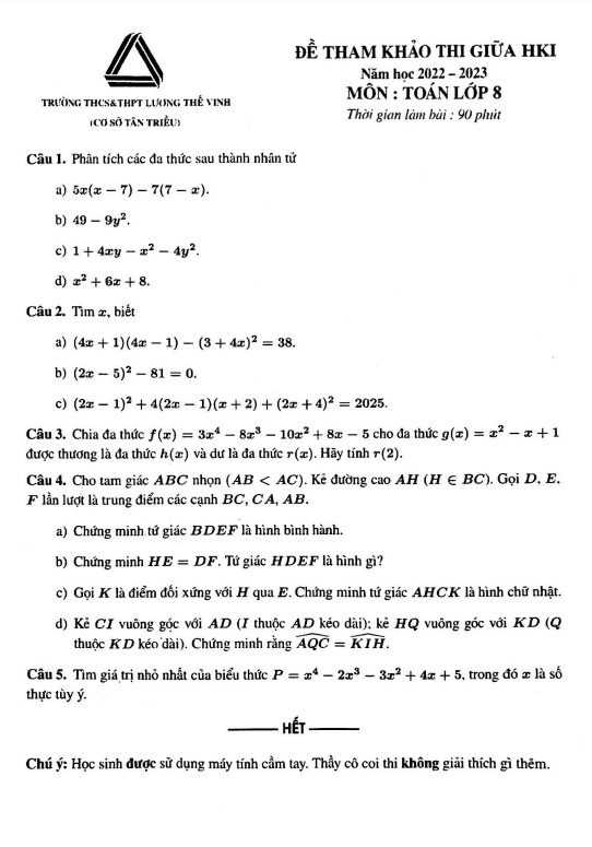Đề tham khảo giữa học kì 1 (HK1) lớp 8 môn Toán năm 2022 2023 trường Lương Thế Vinh Hà Nội