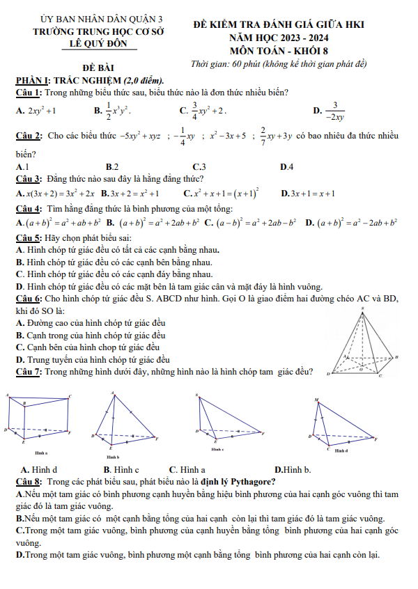 Đề tham khảo giữa học kì 1 (HK1) lớp 8 môn Toán năm 2023 2024 trường THCS Lê Quý Đôn TP HCM