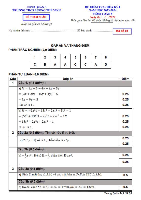 Đề tham khảo giữa học kì 1 (HK1) lớp 8 môn Toán năm 2023 2024 trường THCS Lương Thế Vinh TP HCM