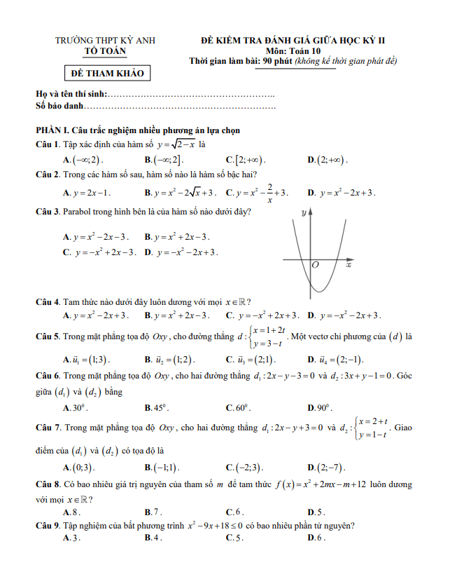 Đề tham khảo giữa học kì 2 (HK2) lớp 10 môn Toán năm 2023 2024 trường THPT Kỳ Anh Hà Tĩnh