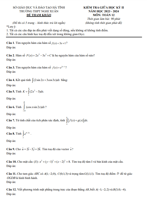 Đề tham khảo giữa học kì 2 (HK2) lớp 12 môn Toán năm 2023 2024 trường THPT Nghi Xuân Hà Tĩnh