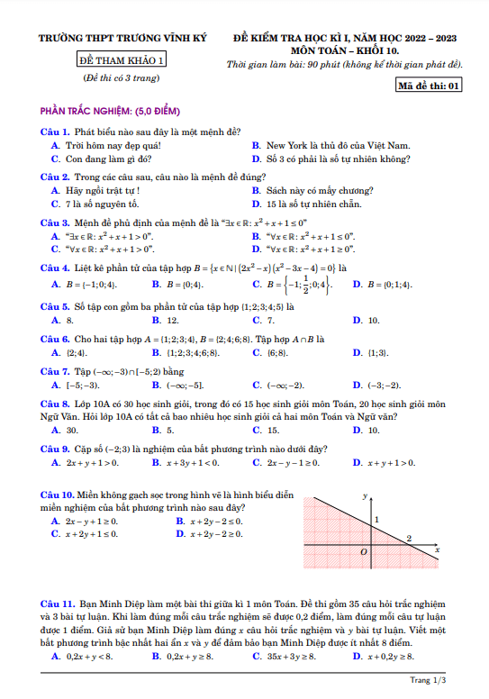 Đề tham khảo học kì 1 (HK1) lớp 10 môn Toán năm 2022 2023 trường THPT Trương Vĩnh Ký Bến Tre