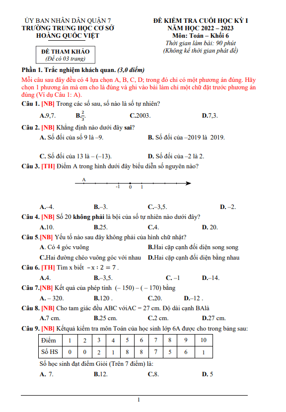 Đề tham khảo học kì 1 (HK1) lớp 6 môn Toán năm 2022 2023 trường THCS Hoàng Quốc Việt TP HCM