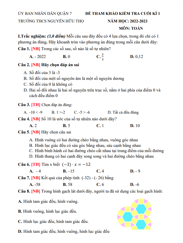 Đề tham khảo học kì 1 (HK1) lớp 6 môn Toán năm 2022 2023 trường THCS Nguyễn Hữu Thọ TP HCM