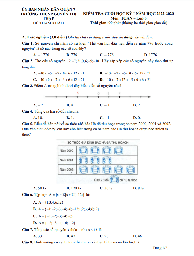 Đề tham khảo học kì 1 (HK1) lớp 6 môn Toán năm 2022 2023 trường THCS Nguyễn Thị Thập TP HCM
