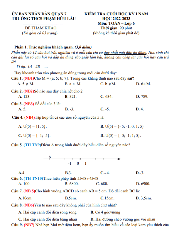 Đề tham khảo học kì 1 (HK1) lớp 6 môn Toán năm 2022 2023 trường THCS Phạm Hữu Lầu TP HCM