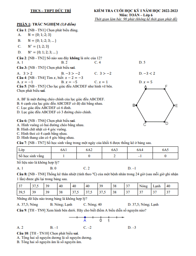Đề tham khảo học kì 1 (HK1) lớp 6 môn Toán năm 2022 2023 trường THCS THPT Đức Trí TP HCM