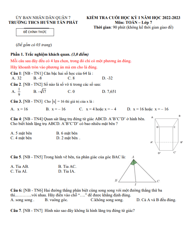 Đề tham khảo học kì 1 (HK1) lớp 7 môn Toán năm 2022 2023 trường THCS Huỳnh Tấn Phát TP HCM