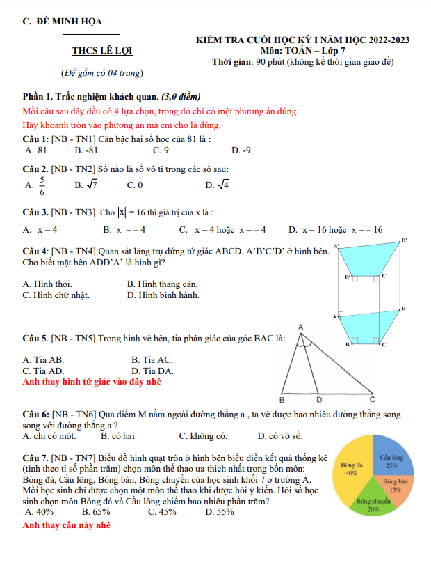 Đề tham khảo học kì 1 (HK1) lớp 7 môn Toán năm 2022 2023 trường THCS Lê Lợi TP HCM