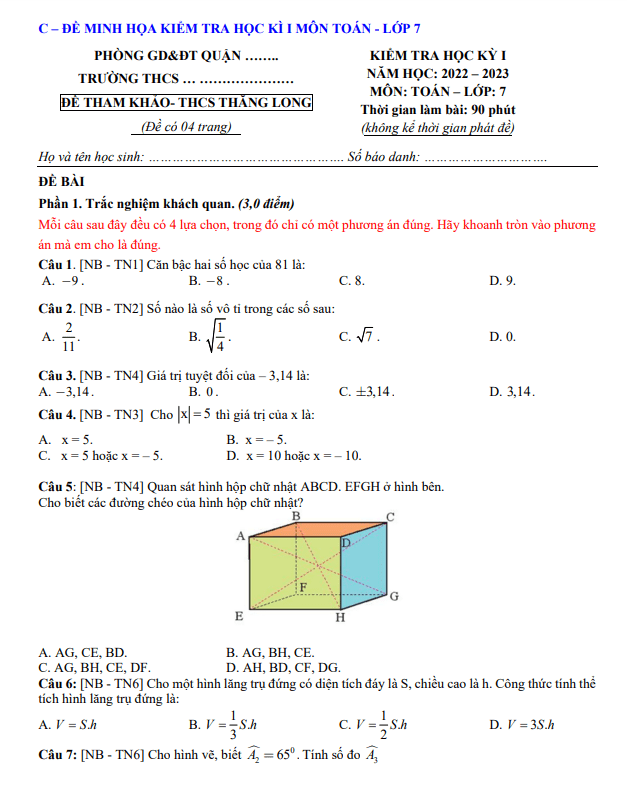 Đề tham khảo học kì 1 (HK1) lớp 7 môn Toán năm 2022 2023 trường THCS Thăng Long TP HCM