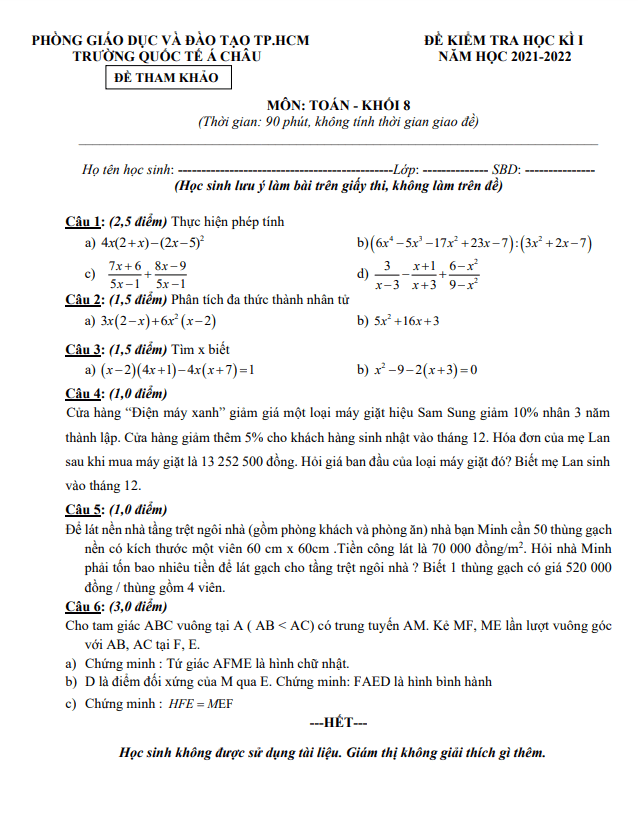 Đề tham khảo học kì 1 (HK1) lớp 8 môn Toán năm 2021 2022 trường Quốc tế Á Châu TP HCM
